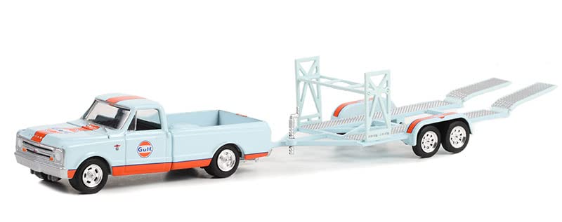 Greenlight 32270-A Hitch & Tow Series 27 - 1968 Chevy C-10 Shortbed Gulf Oil and Gulf Oil Tandem Car Trailer 1/64 Scale