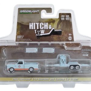 Greenlight 32270-A Hitch & Tow Series 27 - 1968 Chevy C-10 Shortbed Gulf Oil and Gulf Oil Tandem Car Trailer 1/64 Scale