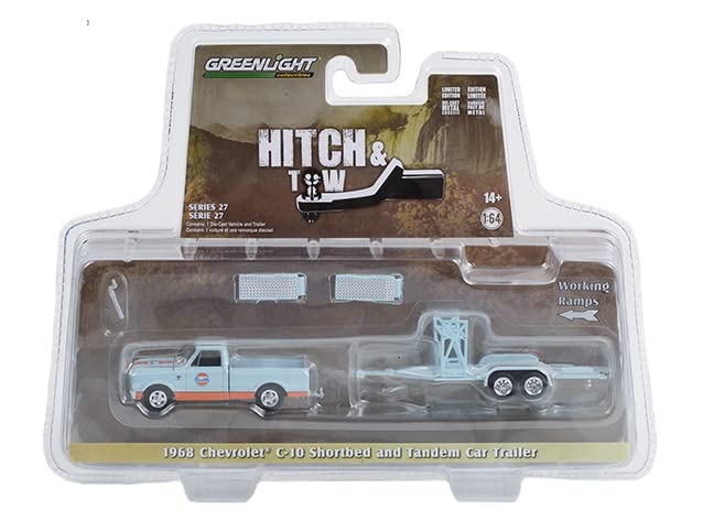 Greenlight 32270-A Hitch & Tow Series 27 - 1968 Chevy C-10 Shortbed Gulf Oil and Gulf Oil Tandem Car Trailer 1/64 Scale