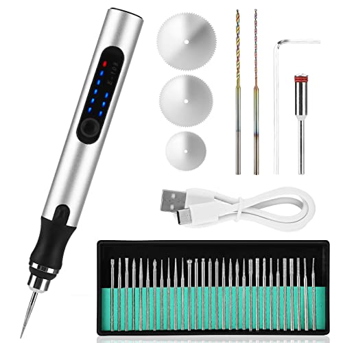 Topretty Electric Engraving Pen Kit, Cordless Rechargeable Grinding Pen with 35 Bits,Portable Mini Engraver Tools,DIY Rotary Etching Pen for Carving Glass Plastic Wood Ceramics Jewelry Manicure-Silver