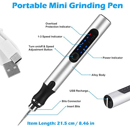 Topretty Electric Engraving Pen Kit, Cordless Rechargeable Grinding Pen with 35 Bits,Portable Mini Engraver Tools,DIY Rotary Etching Pen for Carving Glass Plastic Wood Ceramics Jewelry Manicure-Silver