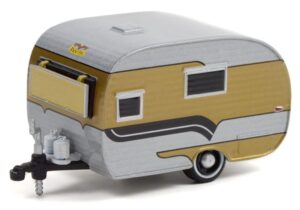 greenlight 34110-b hitched homes series 11 – 1958 catolac deville travel trailer – gold, black and aluminum 1:64 scale
