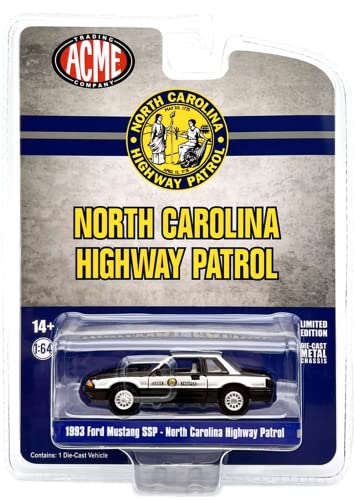 1/64 Diecast Model Car for 1993 Ford Mustang SSP Police Black & Silver North Carolina HWY Patrol Trooper Greenlight for Acme 51495