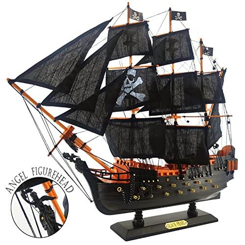 NAUTIMALL Wooden Black Pearl Caribbean Pirate Ship Model 20" Handcrafted Assembled Boat Gift Nautical Décor Display Collection Watercraft Beach Black Hamptons