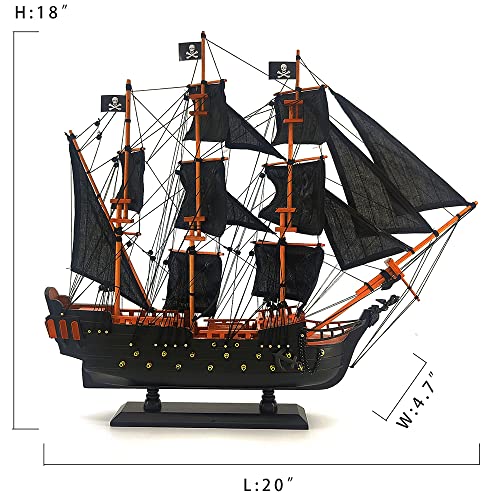 NAUTIMALL Wooden Black Pearl Caribbean Pirate Ship Model 20" Handcrafted Assembled Boat Gift Nautical Décor Display Collection Watercraft Beach Black Hamptons