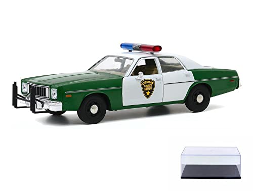 ModelToyCars Diecast Car w/Display Case - 1975 Plymouth Fury Chickasaw County Sheriff, Green and White - Greenlight 84096 - 1/24 Diecast Car