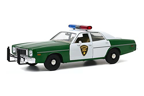 ModelToyCars Diecast Car w/Display Case - 1975 Plymouth Fury Chickasaw County Sheriff, Green and White - Greenlight 84096 - 1/24 Diecast Car