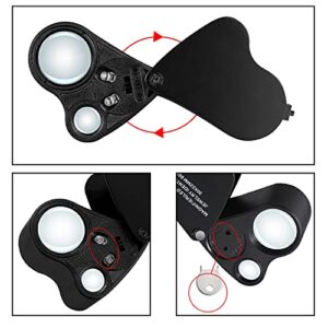 Jiusion 2 Pack Portable Lighted LED Illuminated Jewelry Magnifier 30X 60X Wearable Handheld Dual Lens Eye Loupe Magnifying Glasses Micro Microscope with Keychain and Lanyard