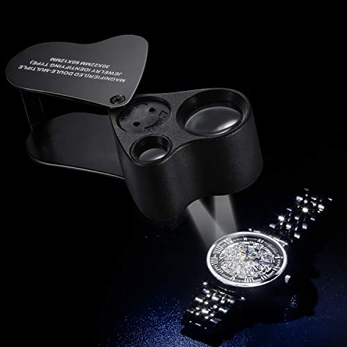 Jiusion 2 Pack Portable Lighted LED Illuminated Jewelry Magnifier 30X 60X Wearable Handheld Dual Lens Eye Loupe Magnifying Glasses Micro Microscope with Keychain and Lanyard