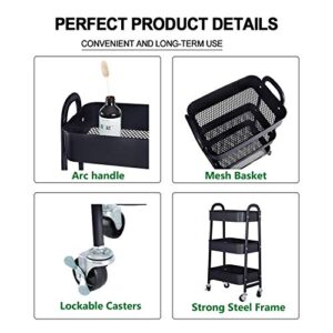 3-Tier Metal Mesh Utility Rolling Cart Storage Organizer with Wheels, Black