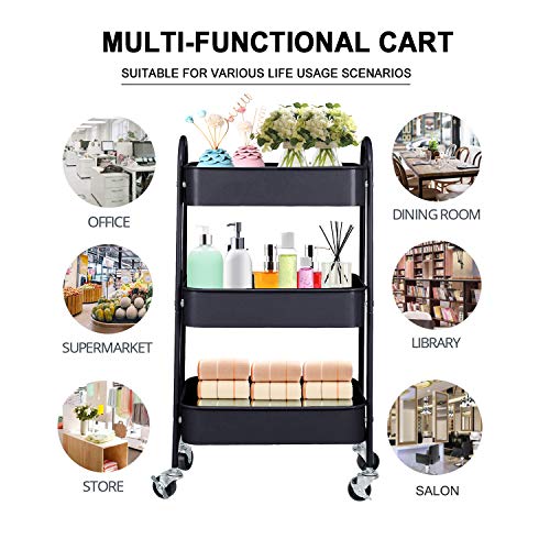 3-Tier Metal Mesh Utility Rolling Cart Storage Organizer with Wheels, Black