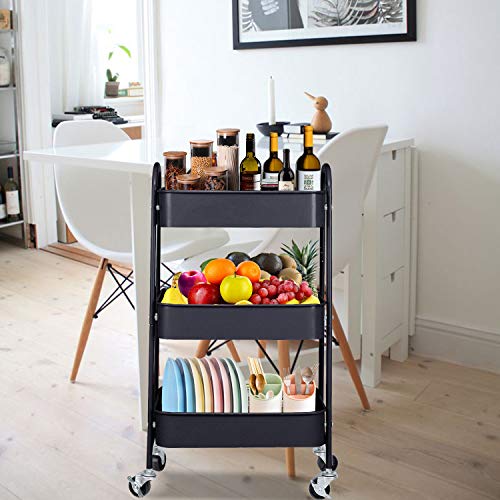 3-Tier Metal Mesh Utility Rolling Cart Storage Organizer with Wheels, Black