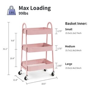 LEZIOA 3 Tier Metal Rolling Cart, Multipurpose Compact Storage Cart with Wheels, Easy to Assemble & Move, Suitable for Kitchen Office Bathroom Classroom (Pink)