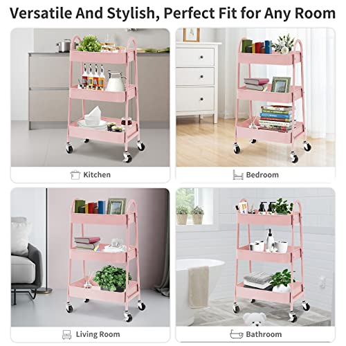 LEZIOA 3 Tier Metal Rolling Cart, Multipurpose Compact Storage Cart with Wheels, Easy to Assemble & Move, Suitable for Kitchen Office Bathroom Classroom (Pink)