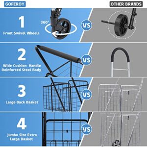 Goferoy Jumbo Shopping Cart for Groceries Holds up to 115L/200Ibs,with 360°Rolling Swivel Wheels Utility Cart, Double Basket Design, ,Foldable and Easy to Carry, Saving Space,Grocery Cart on Wheels