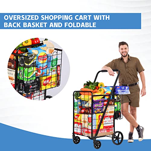 Goferoy Jumbo Shopping Cart for Groceries Holds up to 115L/200Ibs,with 360°Rolling Swivel Wheels Utility Cart, Double Basket Design, ,Foldable and Easy to Carry, Saving Space,Grocery Cart on Wheels