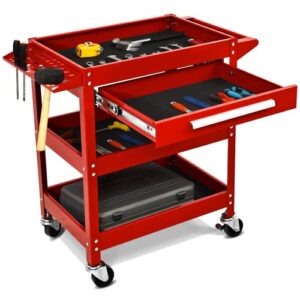 arnot 3 tier rolling tool cart, 330 lbs tool cart on wheels for mechanics, heavy duty tool cart with drawers, perfect for garage, warehouse & repair shop, red
