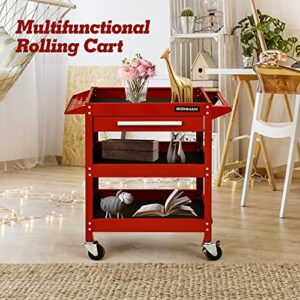 ARNOT 3 Tier Rolling Tool Cart, 330 LBS Tool Cart on Wheels for Mechanics, Heavy Duty Tool Cart with Drawers, Perfect for Garage, Warehouse & Repair Shop, Red