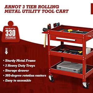 ARNOT 3 Tier Rolling Tool Cart, 330 LBS Tool Cart on Wheels for Mechanics, Heavy Duty Tool Cart with Drawers, Perfect for Garage, Warehouse & Repair Shop, Red