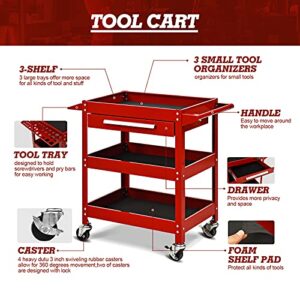 ARNOT 3 Tier Rolling Tool Cart, 330 LBS Tool Cart on Wheels for Mechanics, Heavy Duty Tool Cart with Drawers, Perfect for Garage, Warehouse & Repair Shop, Red