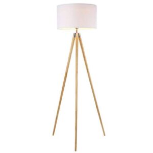 light society celeste tripod floor lamp, natural wood legs with satin nickel finish and white fabric shade, mid century contemporary modern style (ls-f233-nat)