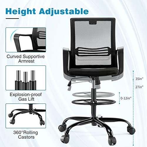 Drafting Chair, Tall Office Chair with Adjustable Foot Ring, Standing Desk Chair with Ergonomic Lumbar Support and Adjustable Armrests, Swivel Rolling Tall Chair, Breathable Mesh, Height Adjustable