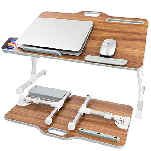 Laptop Bed Tray Table, Kavalan Portable Standing Desk, Foldable Laptop Bed Stand w/Top Handle, Storage Drawer & Phone/Pen Slot, Lap Desk for Working, Eating, Reading on Bed, Sofa & Couch, Walnut Wood