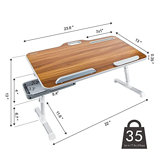 Laptop Bed Tray Table, Kavalan Portable Standing Desk, Foldable Laptop Bed Stand w/Top Handle, Storage Drawer & Phone/Pen Slot, Lap Desk for Working, Eating, Reading on Bed, Sofa & Couch, Walnut Wood