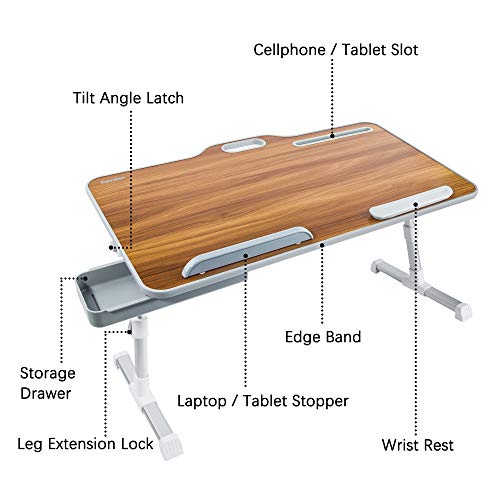 Laptop Bed Tray Table, Kavalan Portable Standing Desk, Foldable Laptop Bed Stand w/Top Handle, Storage Drawer & Phone/Pen Slot, Lap Desk for Working, Eating, Reading on Bed, Sofa & Couch, Walnut Wood