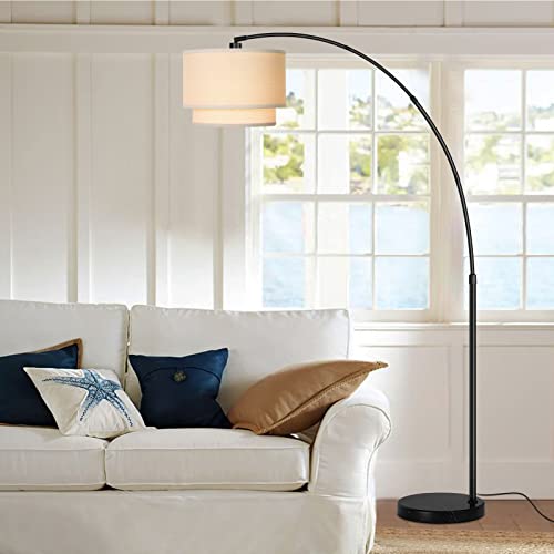 Arc Floor Lamps for Living Room, Contemporary Height Adjustable Standing Tall Lamp with Marble Base and Unique Double Drum Fabric Shade 3 Color Temperatures Over Couches Lamp for Bedroom Office