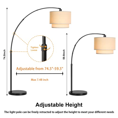 Arc Floor Lamps for Living Room, Contemporary Height Adjustable Standing Tall Lamp with Marble Base and Unique Double Drum Fabric Shade 3 Color Temperatures Over Couches Lamp for Bedroom Office
