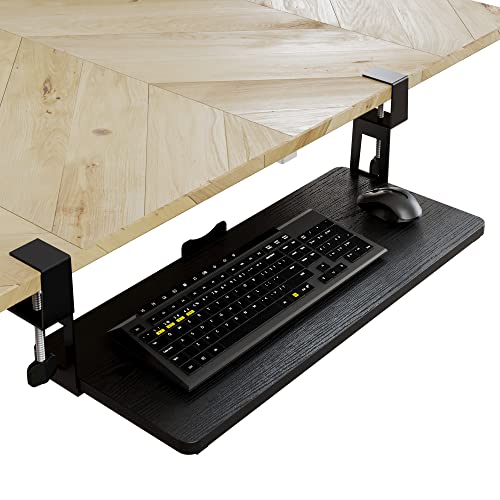 Large Keyboard Tray Under Desk with Wrist Rest, 26.7"×11" Ergonomic Desk Computer Keyboard Stand with Sturdy C Clamp Mount System, Slide-Out Drawer Keyboard Mouse Holder for Office(Black)