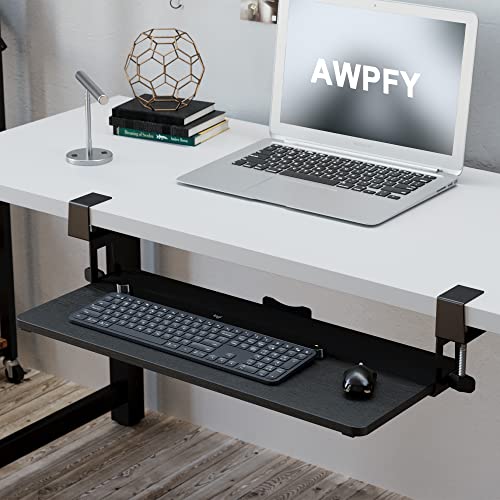 Large Keyboard Tray Under Desk with Wrist Rest, 26.7"×11" Ergonomic Desk Computer Keyboard Stand with Sturdy C Clamp Mount System, Slide-Out Drawer Keyboard Mouse Holder for Office(Black)