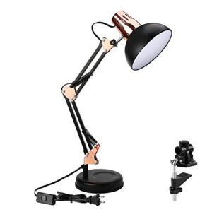 powerking metal swing arm desk lamps, adjustable and flexible, feading with base and clip 2-in-1 function, fit e26&e27 bulbs base, application in bedroom living room, office home (black+rose gold)