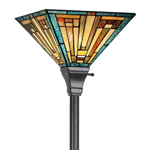 cotoss tiffany torchiere floor lamp mission style green stained glass torch light 70″ tall antique standing corner light for living room bedroom home office