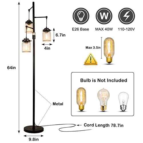 Stepeak Industrial Floor Lamp, Farmhouse Rustic Floor Lamp with 3 Glass Shades, Tall Standing Lamps with Dimmable Switch, Sturdy Base, Black Floor Lamps for Living Room Bedroom Office Home