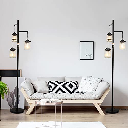 Stepeak Industrial Floor Lamp, Farmhouse Rustic Floor Lamp with 3 Glass Shades, Tall Standing Lamps with Dimmable Switch, Sturdy Base, Black Floor Lamps for Living Room Bedroom Office Home