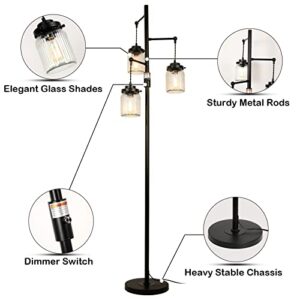 Stepeak Industrial Floor Lamp, Farmhouse Rustic Floor Lamp with 3 Glass Shades, Tall Standing Lamps with Dimmable Switch, Sturdy Base, Black Floor Lamps for Living Room Bedroom Office Home