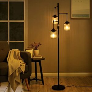 Stepeak Industrial Floor Lamp, Farmhouse Rustic Floor Lamp with 3 Glass Shades, Tall Standing Lamps with Dimmable Switch, Sturdy Base, Black Floor Lamps for Living Room Bedroom Office Home