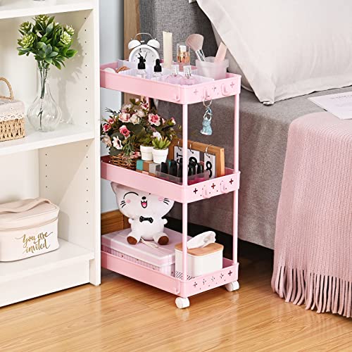 KINGRACK 3-Tier Rolling Utility Storage Cart with Adjustable Dividers,Multi-Purpose Storage Craft Art Cart Trolley Organizer,Slide Out Cart for Bedroom Bathroom Kid's Room Laundry Room,Pink