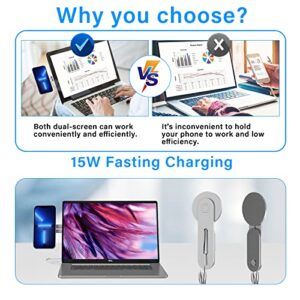 Laptop Phone Holder, 15W Fast Wireless Charger Magnetic Laptop Holder, Adjustable Phone Mount Bracket for Laptop Monitor, Slim Foldable Portable Computer Expansion Stand for iPhone 14/13/12 Series