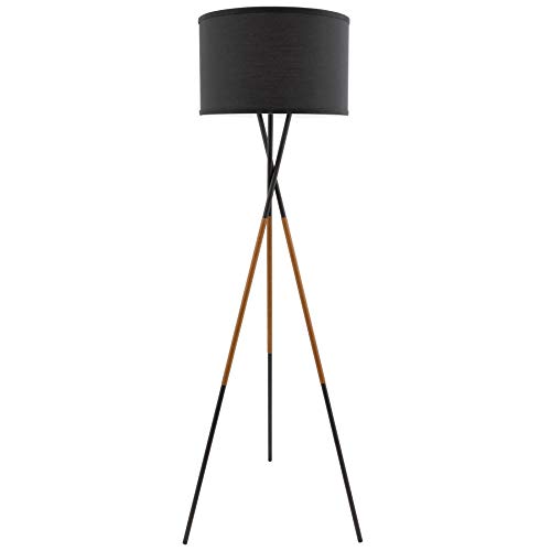 Kira Home Sadie 61" Mid Century Modern Tripod LED Floor Lamp + 9W Bulb (Energy Efficient/Eco-Friendly), Leather Accent Legs, Black Drum Shade, Black Finish