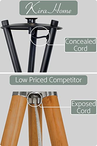 Kira Home Sadie 61" Mid Century Modern Tripod LED Floor Lamp + 9W Bulb (Energy Efficient/Eco-Friendly), Leather Accent Legs, Black Drum Shade, Black Finish