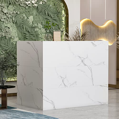 AGOTENI Reception Desk Reception Stations with Open Shelf & Drawers, L Shape Reception Table Wooden Computer Desk for Office Reception Room, Marble White
