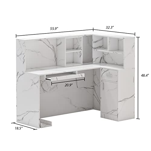 AGOTENI Reception Desk Reception Stations with Open Shelf & Drawers, L Shape Reception Table Wooden Computer Desk for Office Reception Room, Marble White