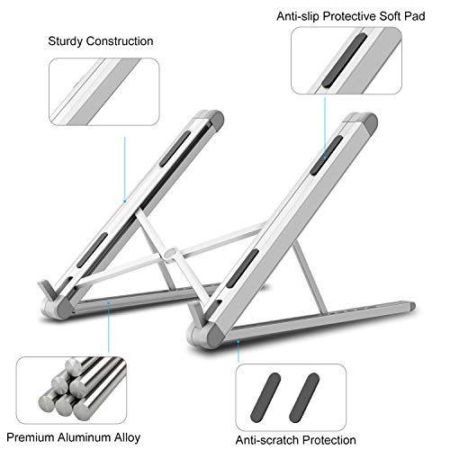 Jubor Laptop Stand, Portable Computer Laptop Mount, Aluminum Laptop Riser with 6 Levels Height Adjustment, Fully Collapsible, Supports up to 44lbs, Fits up to 17.3 Laptop - White