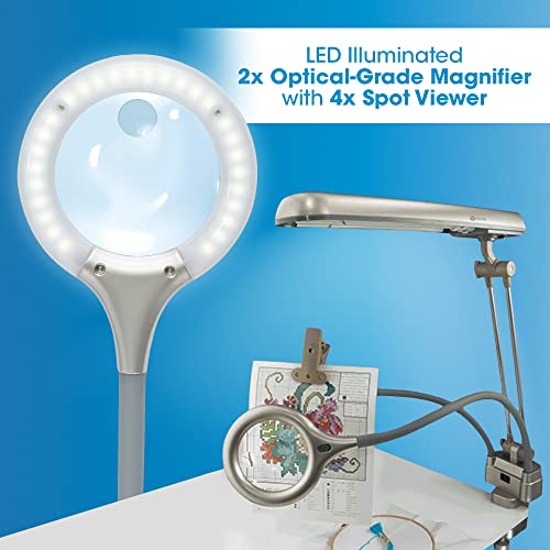 OttLite Ultimate 3-in-1 Craft Lamp, (Floor, Table and Clamp-On Lamp) 24w Energy Efficient Light Bulb for Bright Natural Daylight - Built-in Outlet, Adjustable Neck, 2X Magnifier & Versatile Height