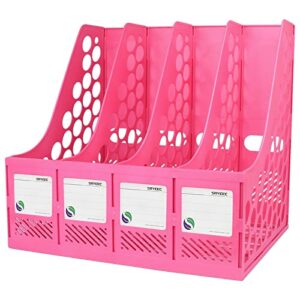 sayeec magazine file holder, plastic desk organizer file folder holder for desk with 4 vertical compartments, sturdy desktop binder organizer home accessories storage for office organization (pink)