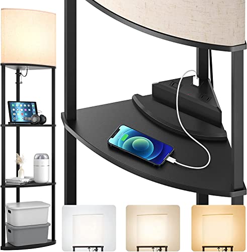 addlon 4-Tier Corner Shelf Floor Lamp, Sector Floor Lamp with Type C, USB Port and 3CCT LED Bulb, Modern Display Floor Lamp for Bedroom, Living Room, Office - Black