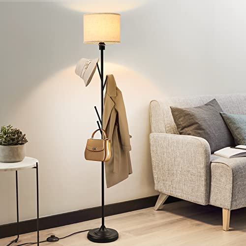 LEDIARY Black Floor Lamp with Coat Rack, 3000K Soft White Multi-Purpose Standing Floor Lamp for Living Room Bedroom Office, Modern Style Tall Pole Lamp with Linen Lamp Shade & Foot Switch